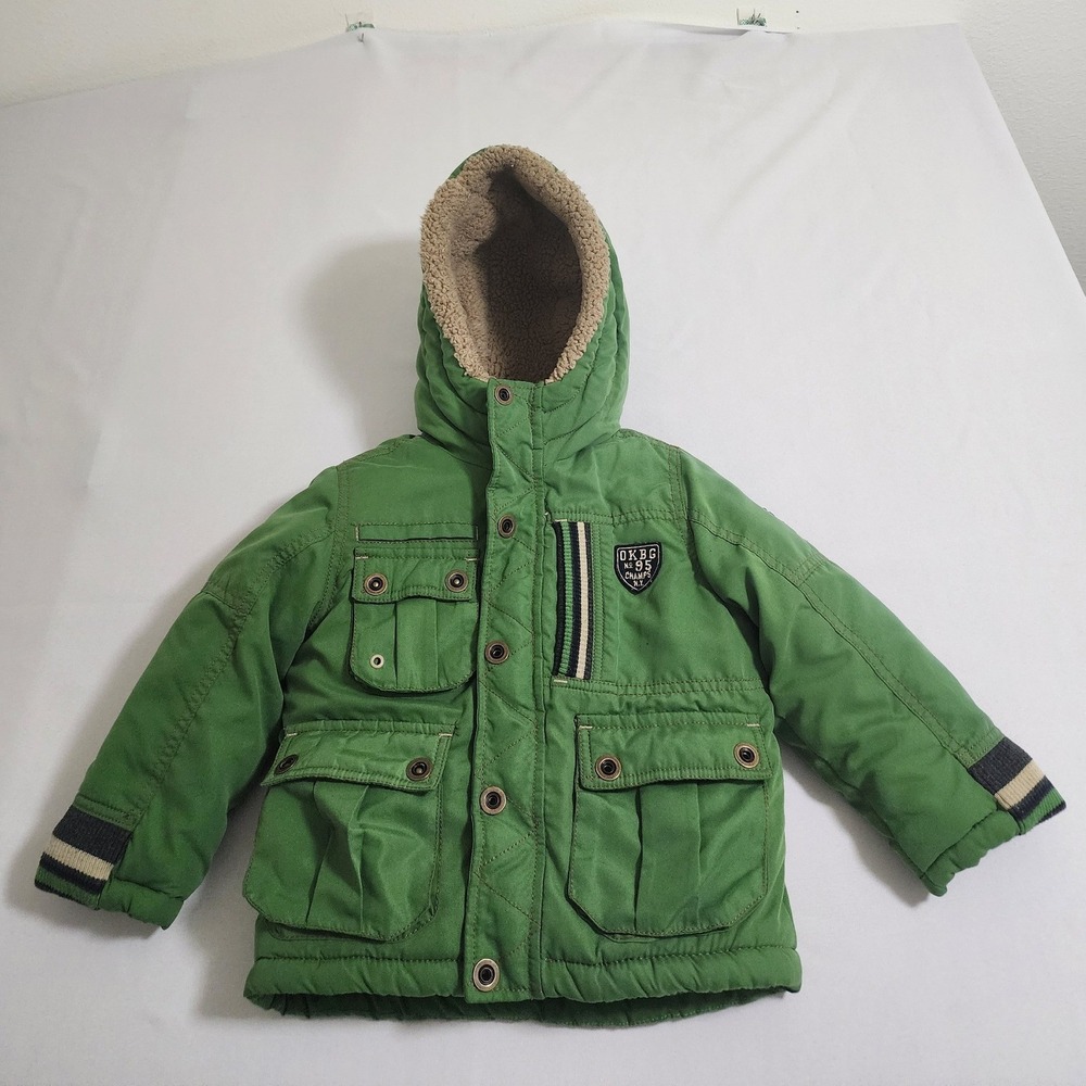 OshKosh Bgosh Boys Green Sherpa Lined Hooded Winter Puffer Parka Jacket 3T